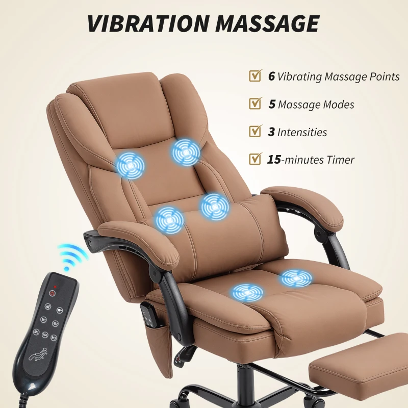HOMCOM Office Chair with Massage, Pet-Friendly Faux Leather Reclining Desk Chair with Lumbar Support, Footrest, Brown