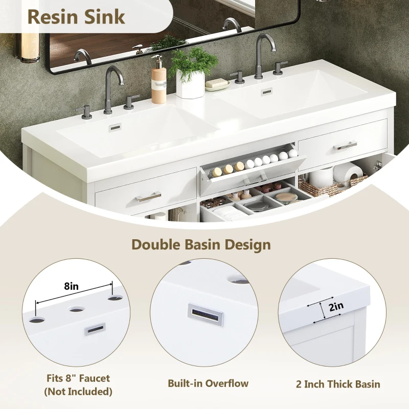 59-inch Double Sink Bathroom Vanity with Built-In Overflow, Transitional Bathroom Cabinet with Soft-Close Doors, 59'' L x 19.5'' W x 34'' H, White