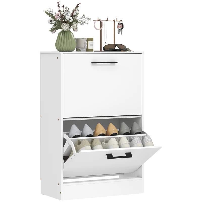 HOMCOM Shoe Cabinet 2 Flip Drawers Narrow Shoe Storage Unit Adjustable Dividers Entryway Hallway White