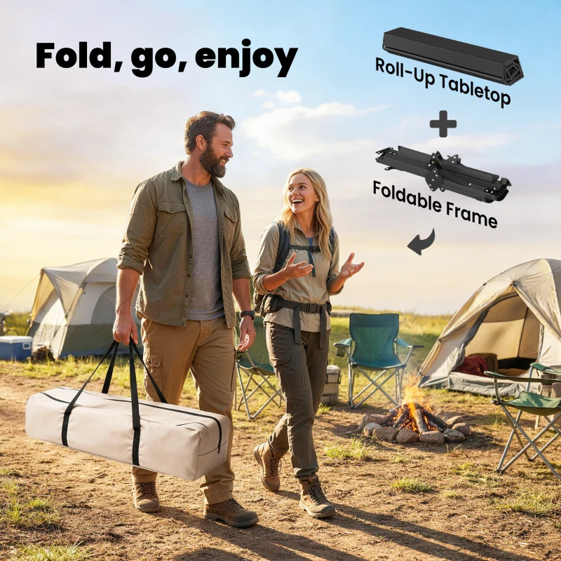 Outsunny 4ft Folding Camping Table, Waterproof Picnic Table with Roll Up Top, Carry Bag and Metal Frame, Black