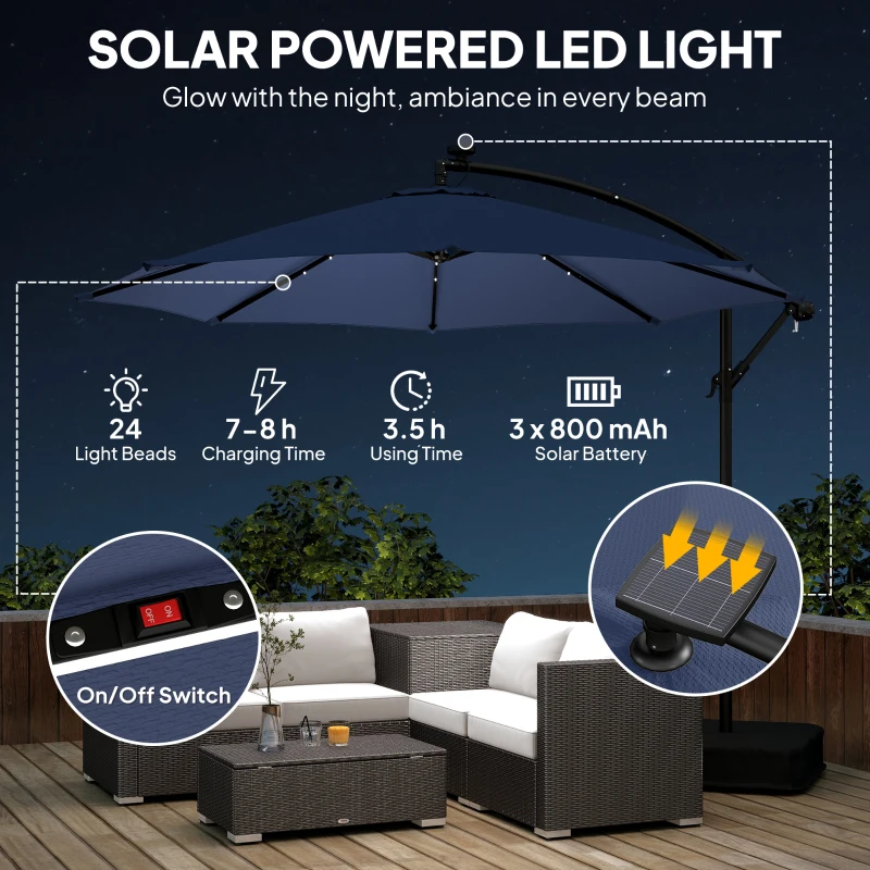 Outsunny 10 ft Cantilever Patio Umbrella with Light, Weight, Offset Hanging Outdoor Umbrella with Protective Cover, Dark Blue