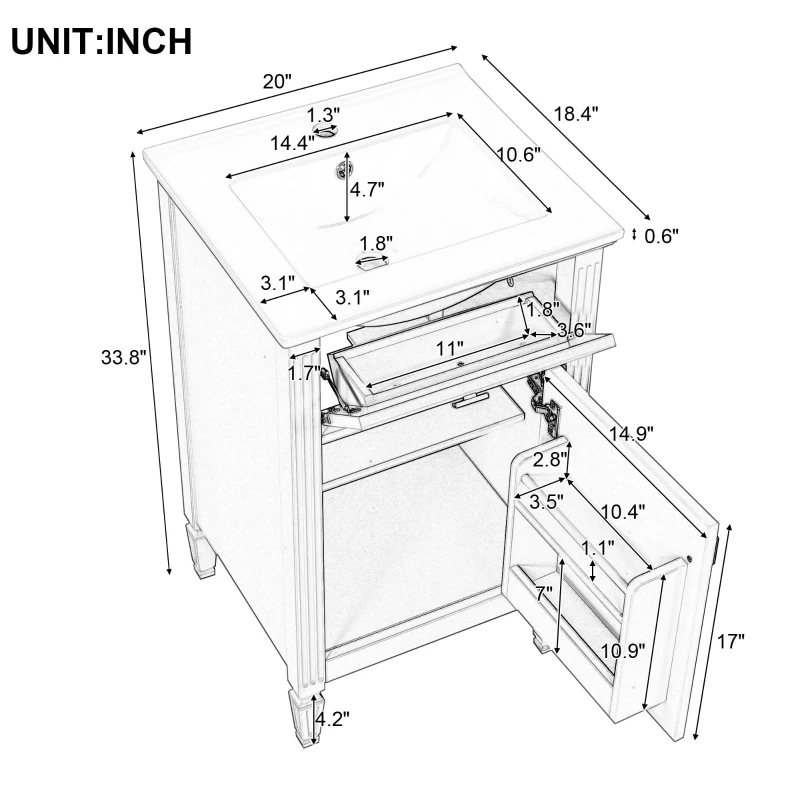 Functional Bathroom Vanity with Ceramic Sink and Tip-Out Top Drawer, Perfect Cabinet for Compact Bathrooms, 20" L x 18.5" W x 33.5" H, Green