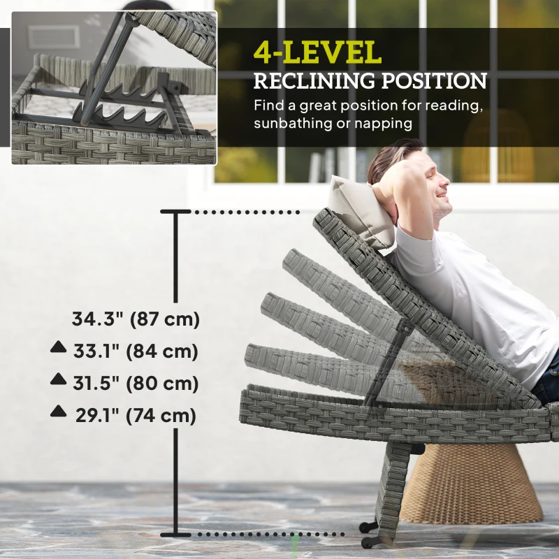 Outsunny Patio Lounger, Folding Wicker Outdoor Chaise Lounge with 4-Level Adjustable Backrest, Grey