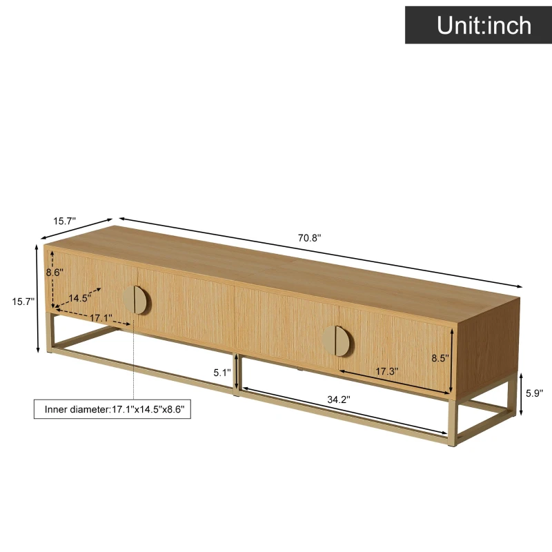Spacious TV Cabinet with 4 Cabinet Doors, Smooth Sideboard with Integrated Soft-Close Hinges, 70.5" L x 15.5" W x 15.5" H, Natural