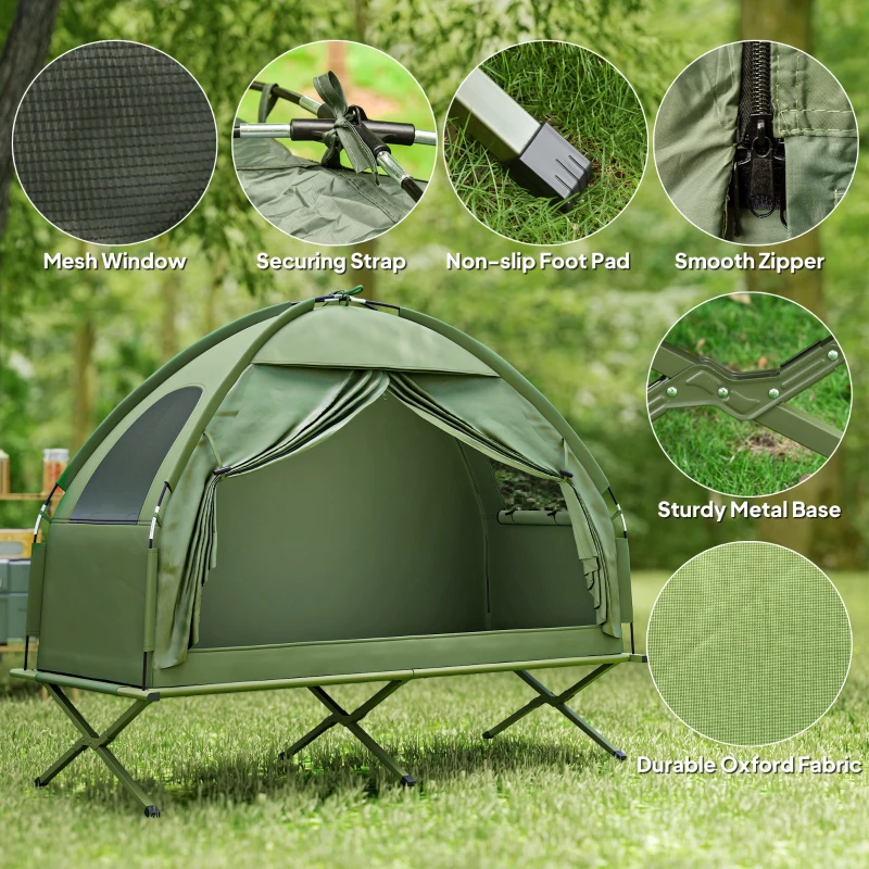 Outsunny Compact Pop Up Portable Folding Outdoor Elevated Camping Cot Tent Combo Set Dark Green