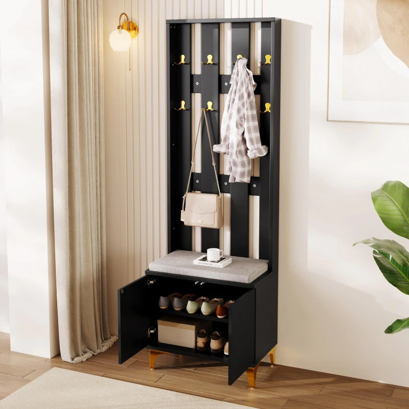 Coat Rack and Shoe Bench Set with Cushioned Seat and Adjustable Shelves, Entry Storage Unit with Wave-Panel Doors, 21.5'' L x 14'' W x 68.5'' H, Black