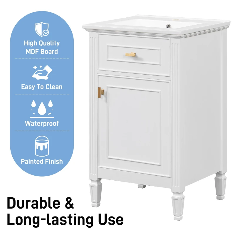 Functional Bathroom Vanity with Ceramic Sink and Tip-Out Top Drawer, Perfect Cabinet for Compact Bathrooms, 20" L x 18.5" W x 33.5" H, White