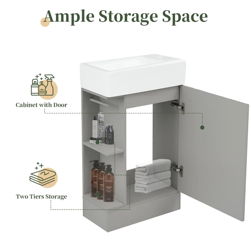 Practical Bathroom Vanity with 2-Tier Storage Shelves and Toilet Paper Holder, Compact Cabinet for Small Bathrooms, 18.5" L x 10.5" W x 33" H, Gray