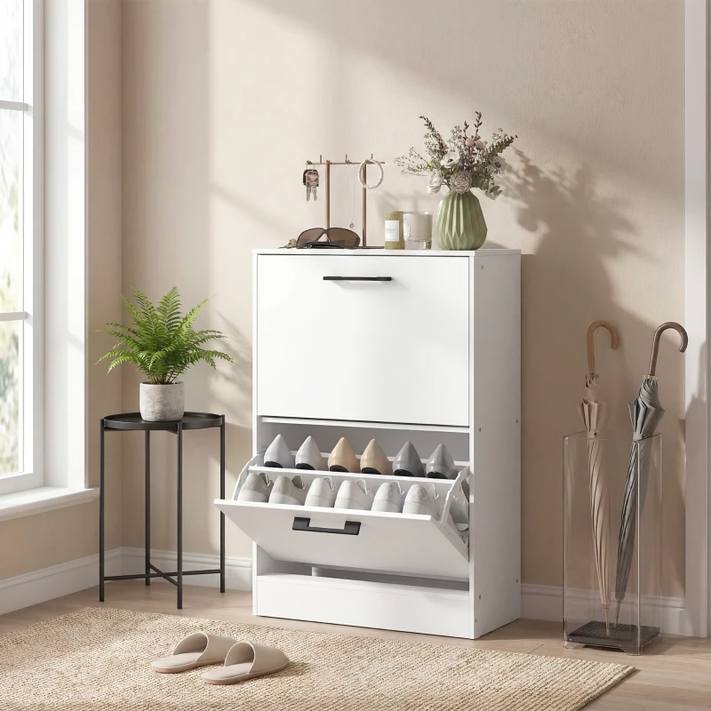 HOMCOM Shoe Cabinet 2 Flip Drawers Narrow Shoe Storage Unit Adjustable Dividers Entryway Hallway White