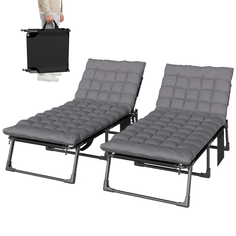 Outsunny 29.5" Wide Folding Chaise Lounge Chair Outdoor Tanning Chair Set of 2, Camping Cot with Cushion, Side Pocket, Dark Grey