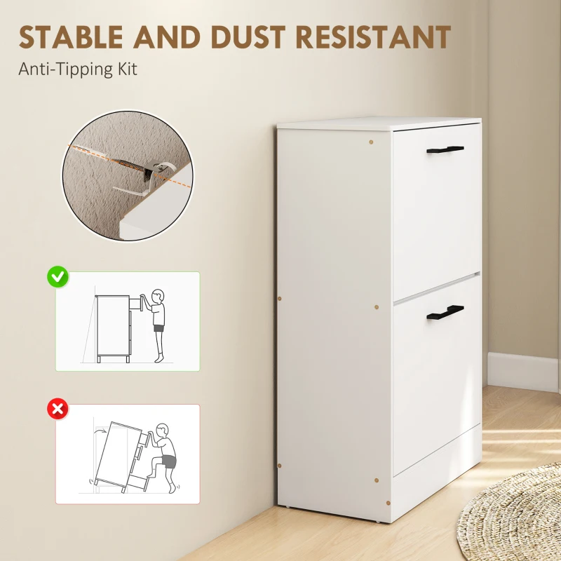 HOMCOM Shoe Cabinet 2 Flip Drawers Narrow Shoe Storage Unit Adjustable Dividers Entryway Hallway White