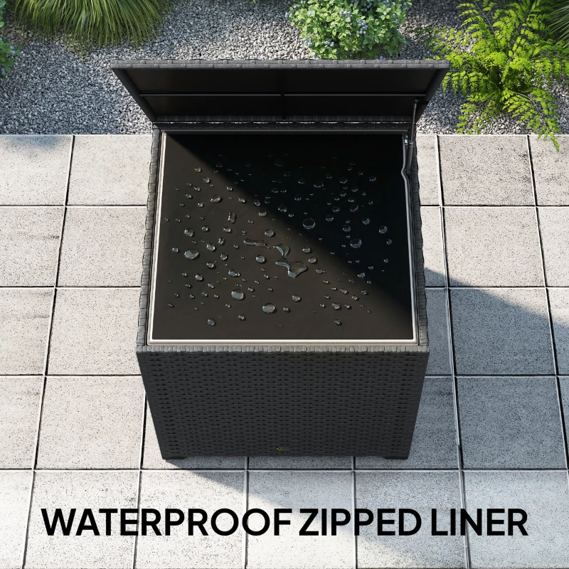 Outsunny 67 Gallon Rattan Deck Box, Wicker Outdoor Storage Box with Waterproof Zippered Liner, Safe Pneumatic Rod, Grey