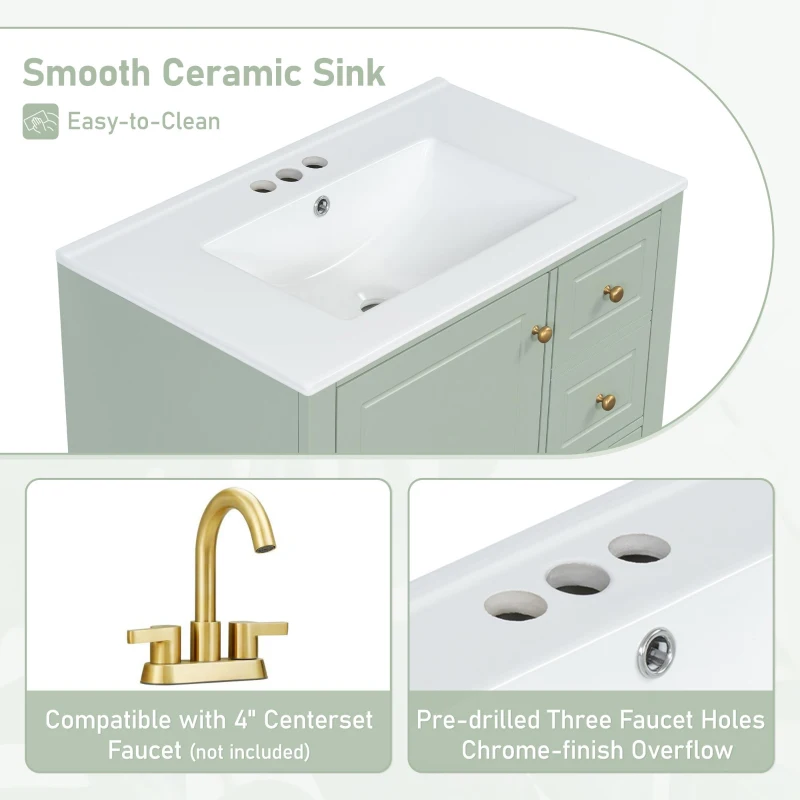 Stylish Bathroom Vanity with Easy-Clean Ceramic Sink, Ideal Cabinet for Modern Bathrooms, 30" L x 18.5" W x 33.5" H, Light Green