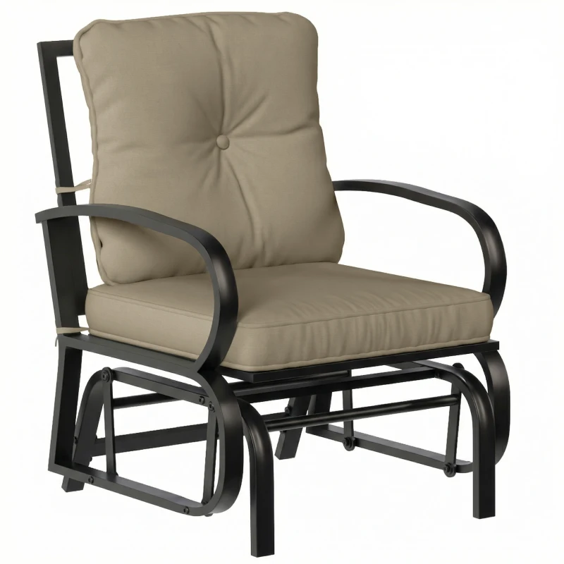 Outsunny Patio Glider, Outdoor Glider Chair with Cushions, Steel Frame, Curved Armrests, Beige