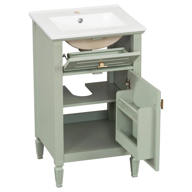 Functional Bathroom Vanity with Ceramic Sink and Tip-Out Top Drawer, Perfect Cabinet for Compact Bathrooms, 20" L x 18.5" W x 33.5" H, Green