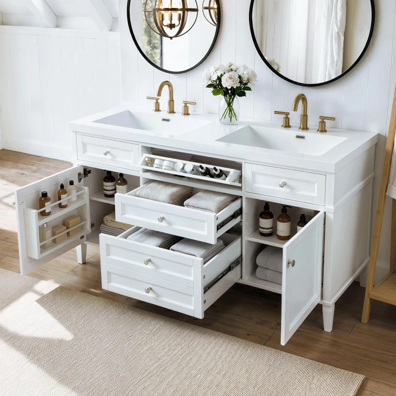 Modern Bathroom Vanity Cabinet with Soft-Close Hinges, Soft Close Storage Vanity with Adjustable Shelves, 59'' L x 19.5'' W x 34'' H, White