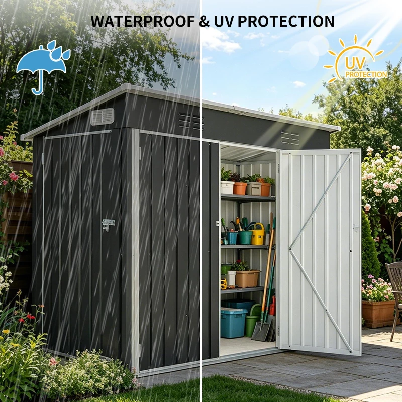 Galvanized Steel Outdoor Storage Shed with Ventilated Top Vents, Weatherproof Utility Shed with 3 Access Doors, 89'' L x 43'' W x 71'' H, Black
