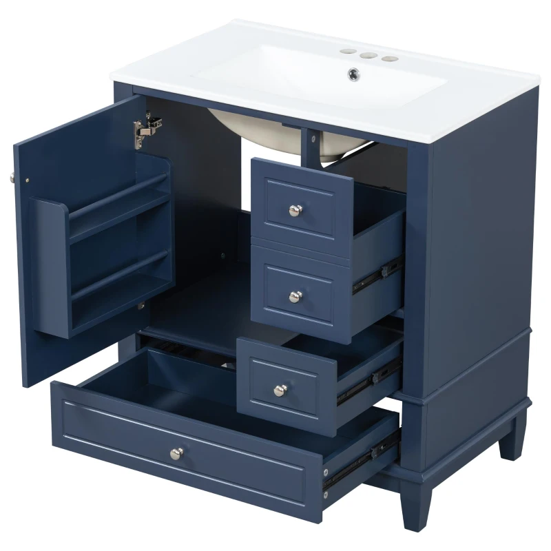 Stylish Bathroom Vanity with Easy-Clean Ceramic Sink and 3 Pre-Drilled Holes, Ideal Cabinet for Modern Bathrooms, 30" L x 18.5" W x 33.5" H, Blue