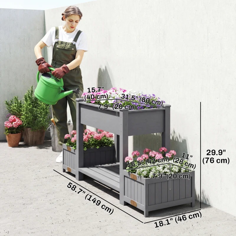 Outsunny Wooden Raised Garden Bed with 2 Foldable Side Pots, Raised Planter with Storage Shelf and Drainage Holes