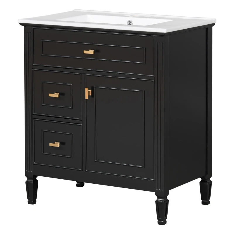 Spacious Vanity with Tip-Out Top Drawer and 2 Left-Side Drawers, Ideal Cabinet for Small-To-Medium Bathrooms, 30" L x 18.5" W x 33.5" H, Black