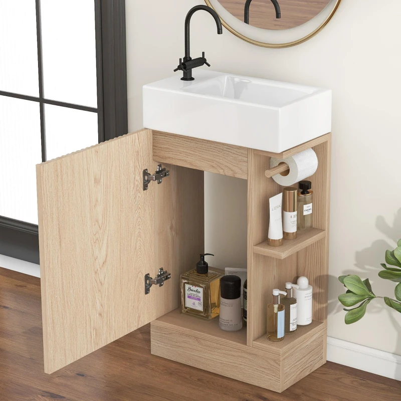 Practical Bathroom Vanity with 2-Tier Shelves and Toilet Paper Holder, Compact Cabinet for Small Bathrooms, 18.5" L x 10.5" W x 33" H, Natural Wood