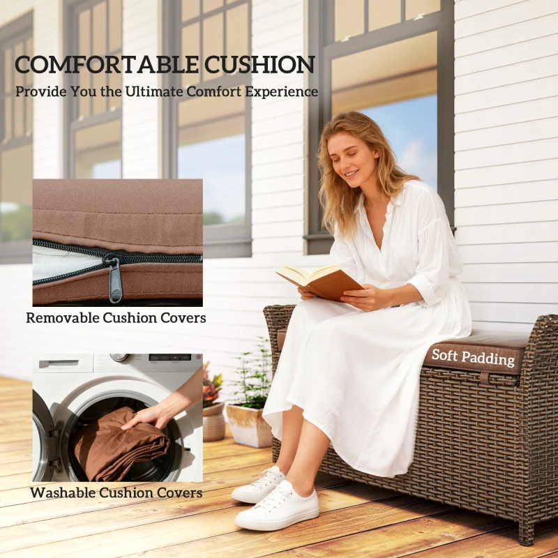 Outsunny 2-In-1 Outdoor Storage Bench, 29 Gallon Wicker Deck Box with Handles and Cushion, Tan