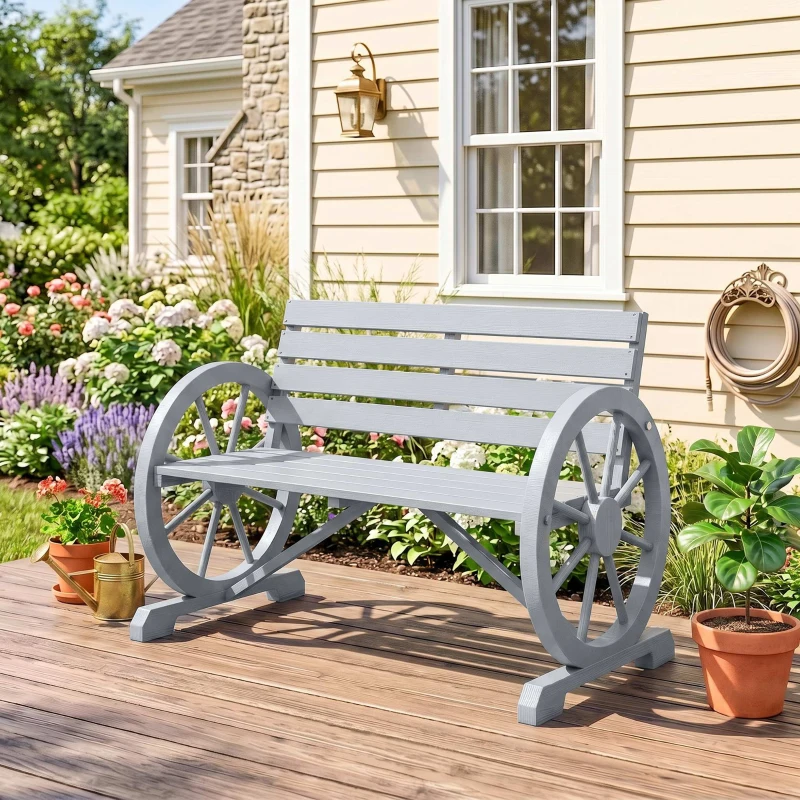 Outsunny 42" Wood Wagon Wheel Bench Garden Loveseat Rustic Seat Relaxing Lounge Chair Outdoor Decorative Seat Park Decor, Grey