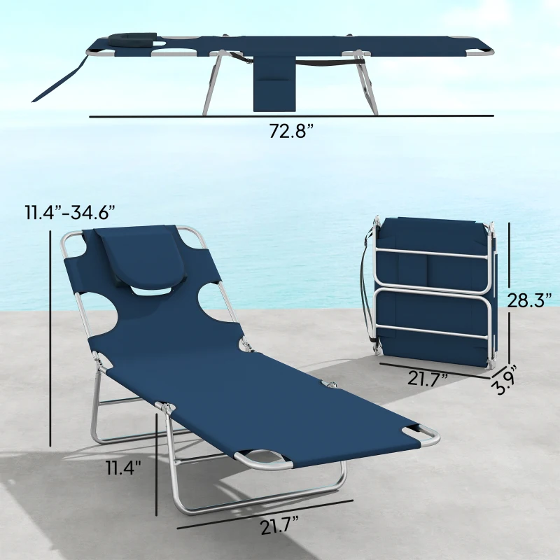 Outsunny 2 Tanning Chairs with Face Hole, 5-Level Adjustable Outdoor Chaise Lounge Chair with Pillow for Beach, Pool, Dark Blue