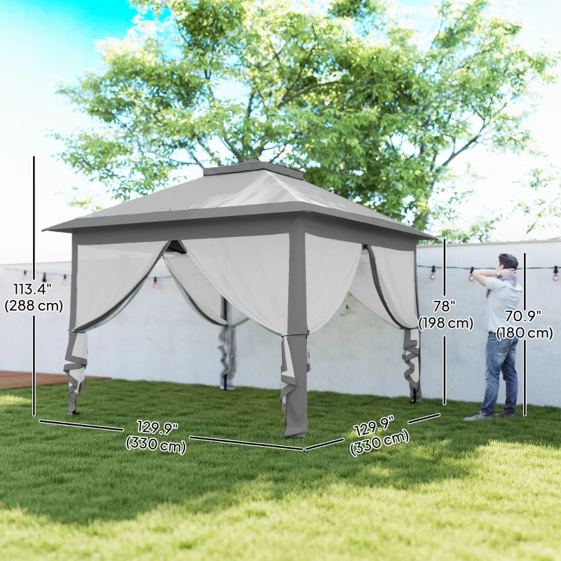 Outsunny 11' x 11' Pop Up Gazebo, Double Roof Foldable Height Adjustable Canopy Tent with Mesh Sidewalls, Carrying Bag, Grey