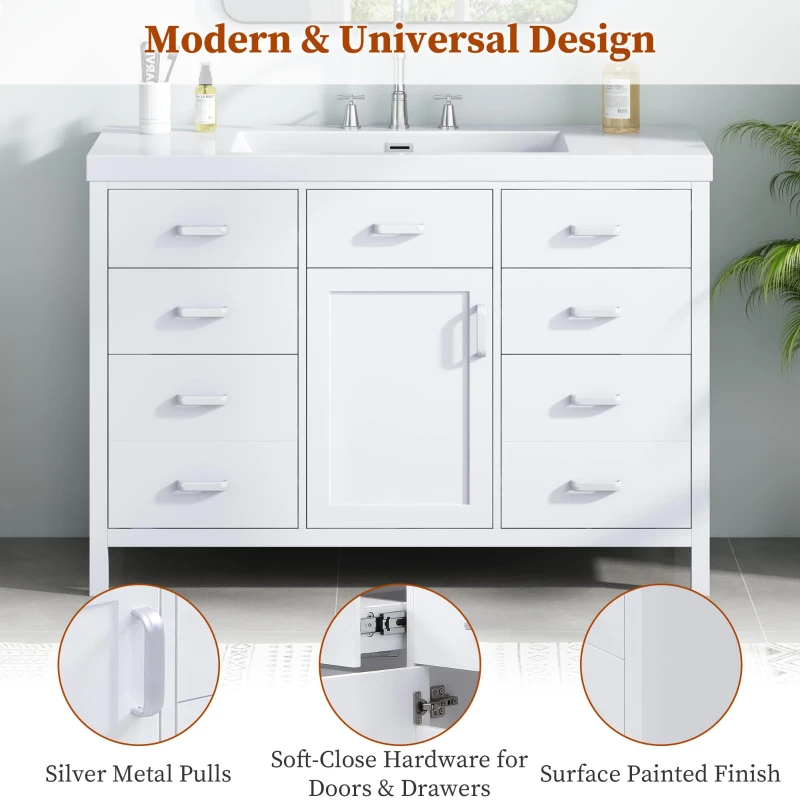 48" Bathroom Vanity with 2" Integrated Resin Sink, Multi- Drawer Vanity Cabinet with Removable Dividers and Door Racks, 47'' L x 19.5'' W x 33.5'' H, White