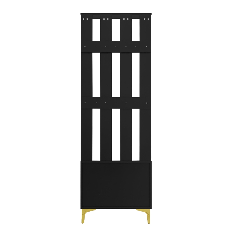 Coat Rack and Shoe Bench Set with Cushioned Seat and Adjustable Shelves, Entry Storage Unit with Wave-Panel Doors, 21.5'' L x 14'' W x 68.5'' H, Black