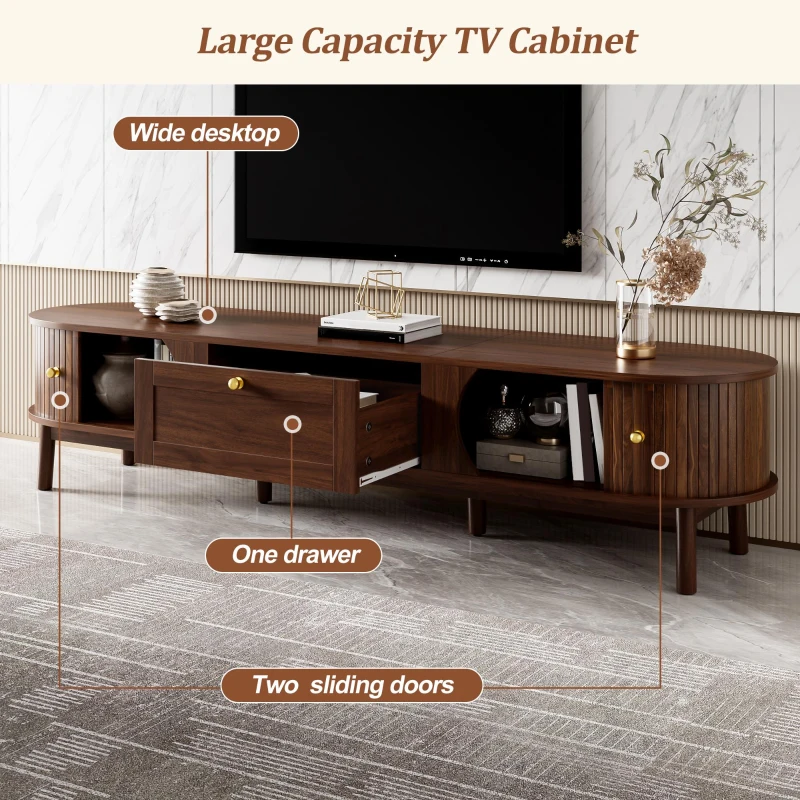 Sliding-Door TV Cabinet with Spacious Drawer and 2 Sliding Doors, Modern Wood TV Stand for Living Room, 67'' L x 15.5'' W x 15'' H, Walnut