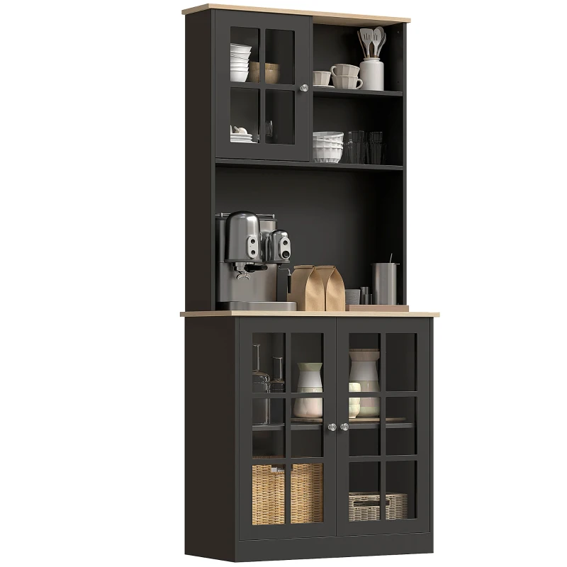 HOMCOM Kitchen Buffet with Hutch, Storage Pantry with 3 Cabinets, 2 Open Shelves and Large Countertop, Black(m-7)