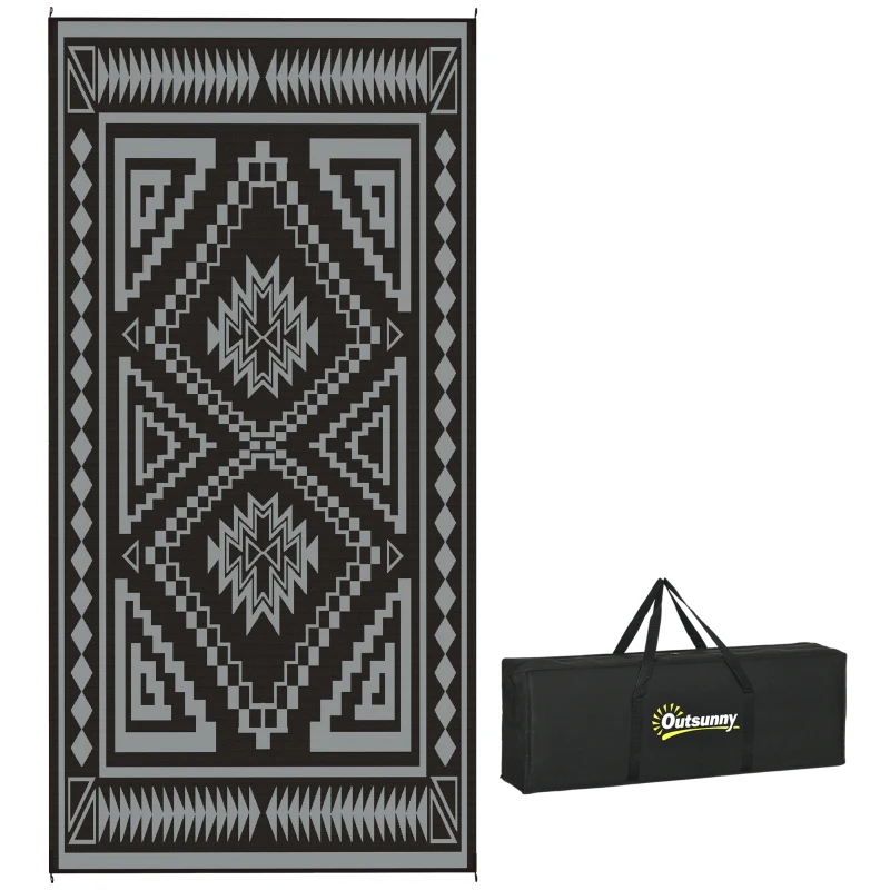 Outsunny Reversible Outdoor Rug, Waterproof Plastic Straw with Carry Bag, 9' x 18', Black & Gray Square Patchwork