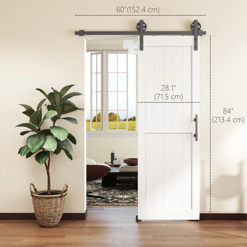 HOMCOM 28inx84in Barn Door with 5FT Sliding Door Hardware Kit, Handle, Upgraded Rollers and Floor Guide, Waterproof, White