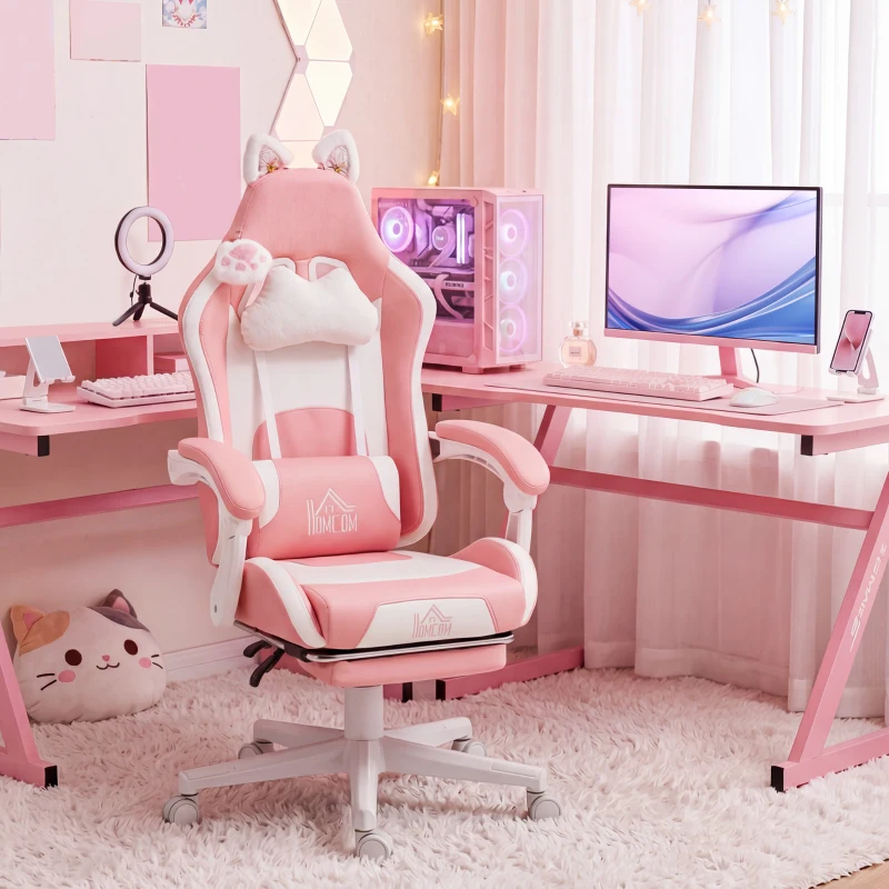 HOMCOM Cute Racing Gamer Chair, Faux Leather Gaming Chair with Footrest, Headrest and Lumbar Support, Pink