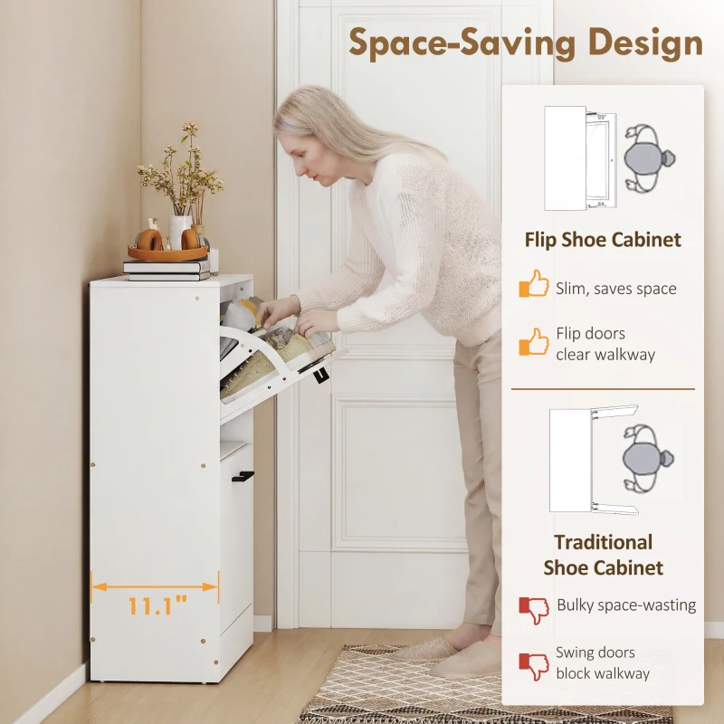 HOMCOM Shoe Cabinet 2 Flip Drawers Narrow Shoe Storage Unit Adjustable Dividers Entryway Hallway White