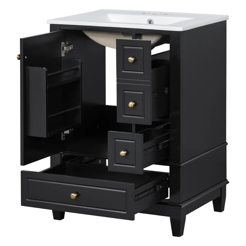 Spacious Bathroom Vanity with 3 Drawers and One-Door Cabinet, Freestanding Cabinet for Small Bathrooms, 24" L x 18.5" W x 34" H, Black