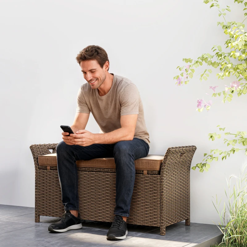 Outsunny 2-In-1 Outdoor Storage Bench, 29 Gallon Wicker Deck Box with Handles and Cushion, Tan