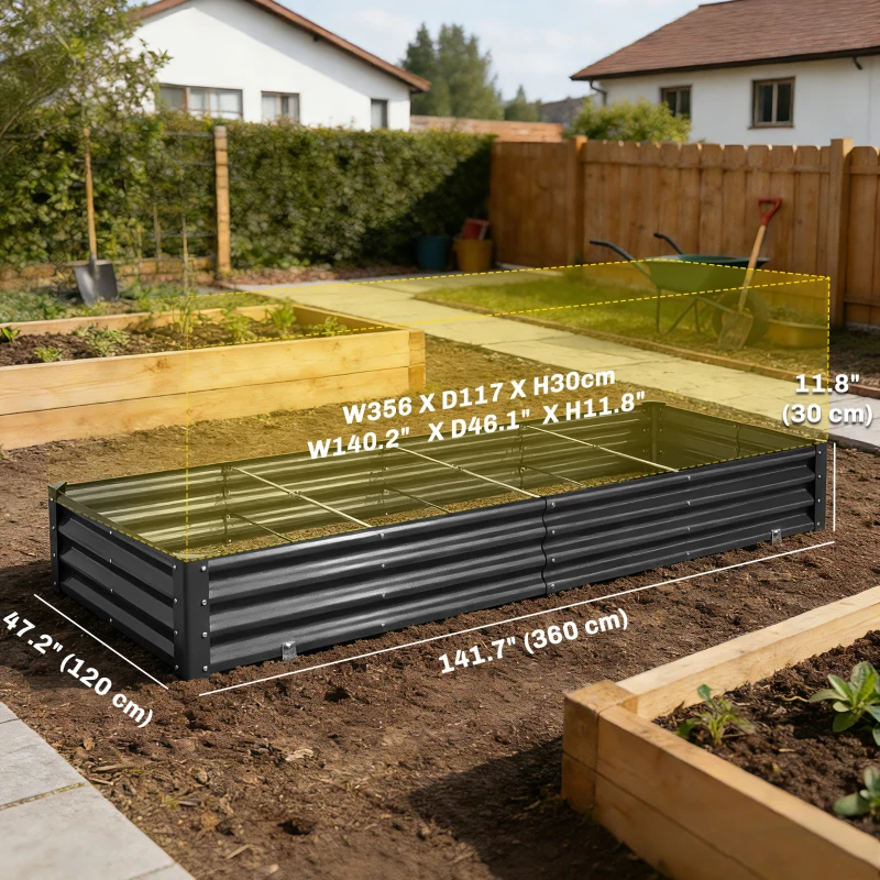 Outsunny 12 x 4 x 1ft Galvanized Raised Garden Bed, Reinforced Outdoor Planter Box with Open Bottom, Dark Grey
