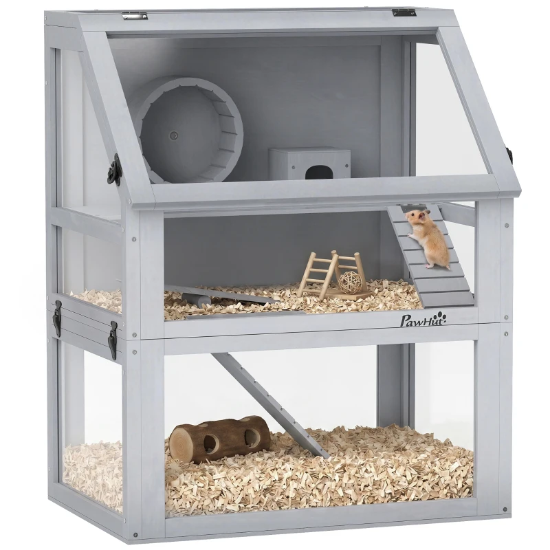 PawHut 3 Tier Wooden Hamster Cage w/ Detachable Bottom, Hut, Seesaw, Exercise Wheel, Ramps, 24" x 16" x 29.5"