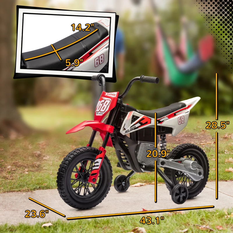 Qaba 12V Kids Electric Motorcycle w/ Twist Grip Throttle, Training Wheels, Rear Suspension & Music, Red