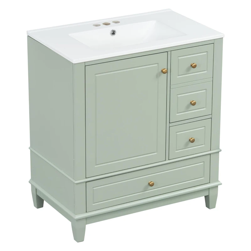 Stylish Bathroom Vanity with Easy-Clean Ceramic Sink, Ideal Cabinet for Modern Bathrooms, 30" L x 18.5" W x 33.5" H, Light Green