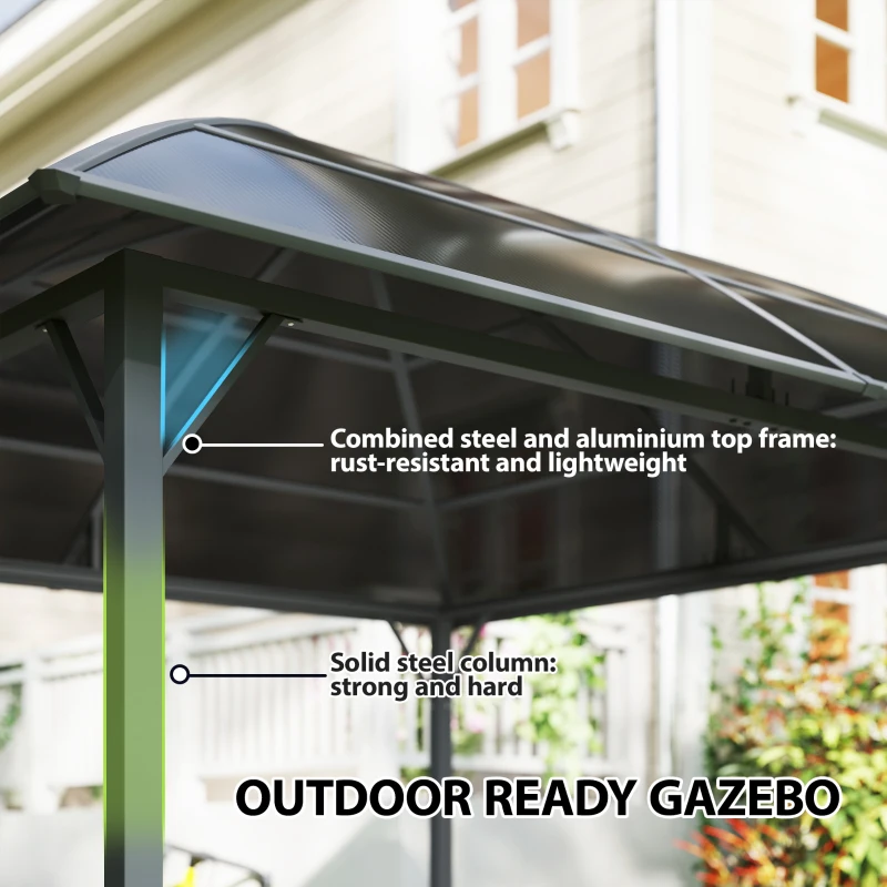 Outsunny 10' x 10' Outdoor Hardtop Gazebo Canopy with UV60+ Polycarbonate Roof, Steel Frame, Central Hook, Curtains, Light Grey