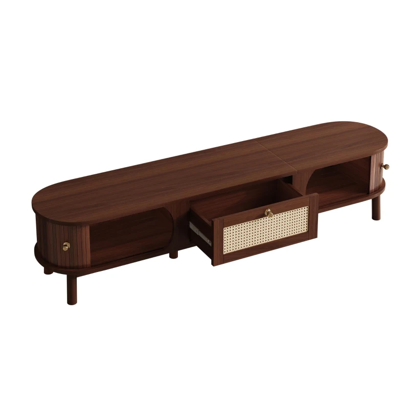 Rattan TV Cabinet with MDF Body and Solid Wood Legs, Bamboo Slat TV Stand with Sliding Door, 67'' L x 15.5'' W x 15'' H, Wood