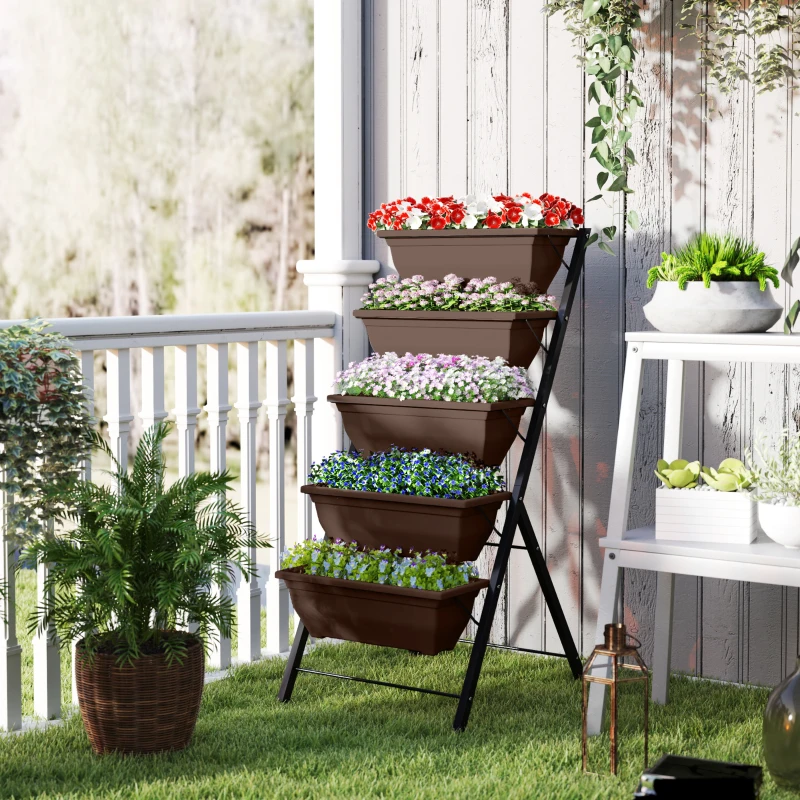 Outsunny 5-Tier Raised Garden Bed with 5 Planter Box, Outdoor Plant Stand Grow Containers with Leaking Holes, Brown