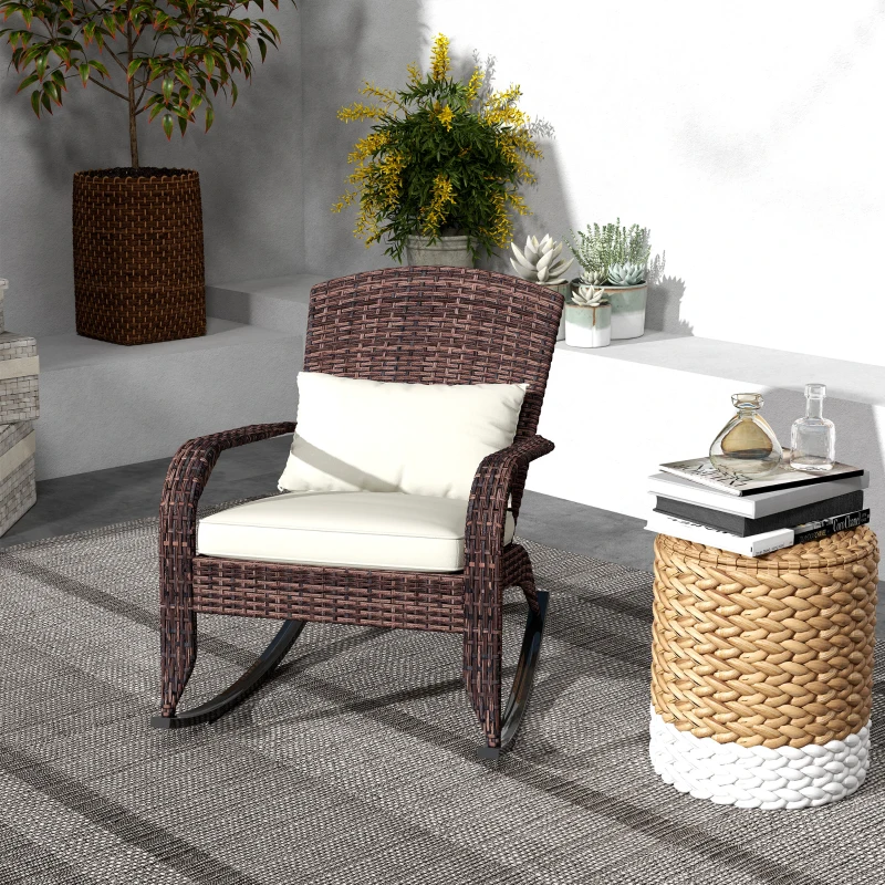 Outsunny Adirondack Chair, Outdoor Wicker Rocking Chair with High Back, Seat Cushion and Pillow for Porch, Balcony, Cream/Brown