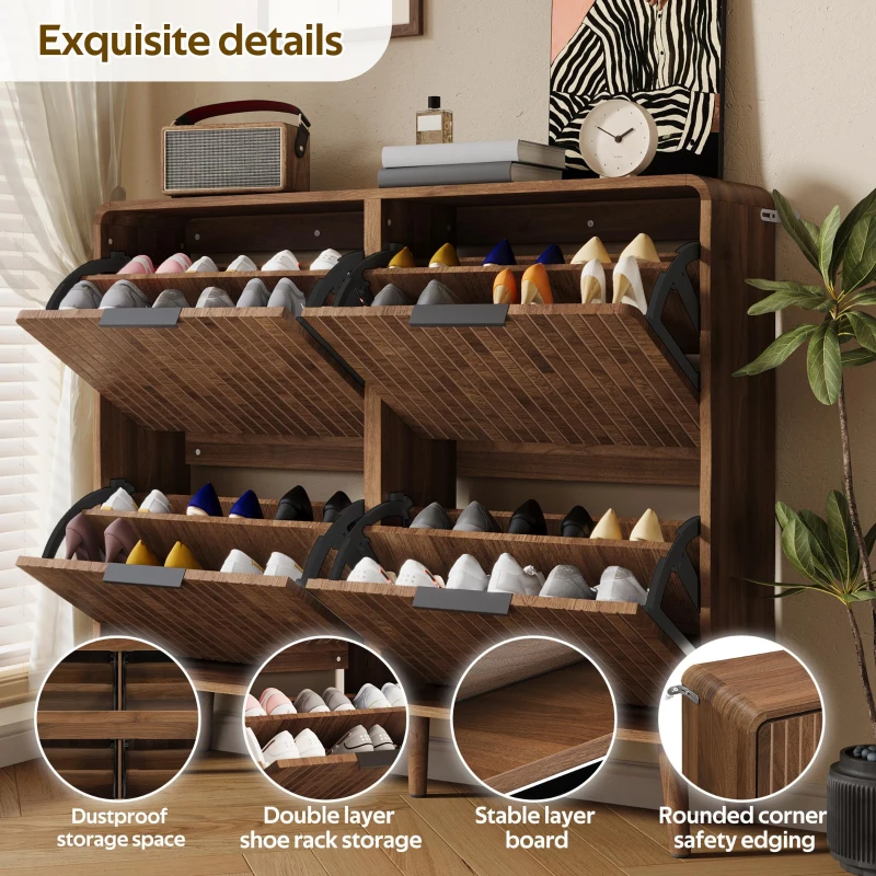 Modern Shoe Cabinet with Solid Tapered Wood Legs, Walnut Shoe Organizer with Double-Tier Storage, 41.5'' L x 9.5'' W x 36'' H, Walnut