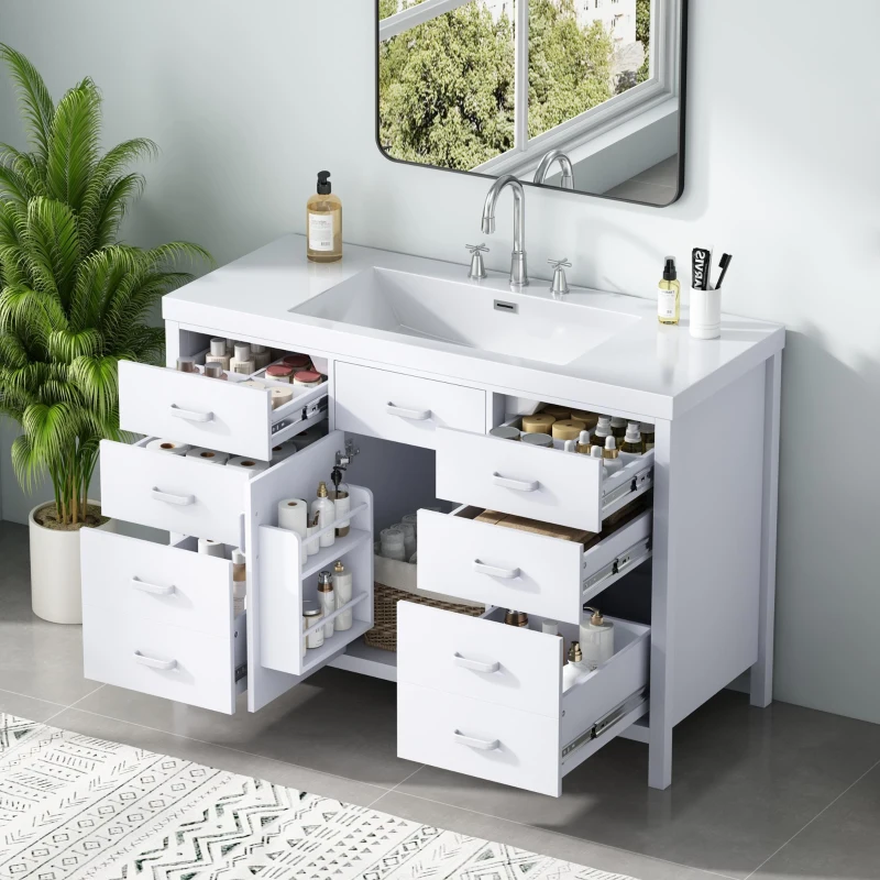 48" Bathroom Vanity with 2" Integrated Resin Sink, Multi- Drawer Vanity Cabinet with Removable Dividers and Door Racks, 47'' L x 19.5'' W x 33.5'' H, White