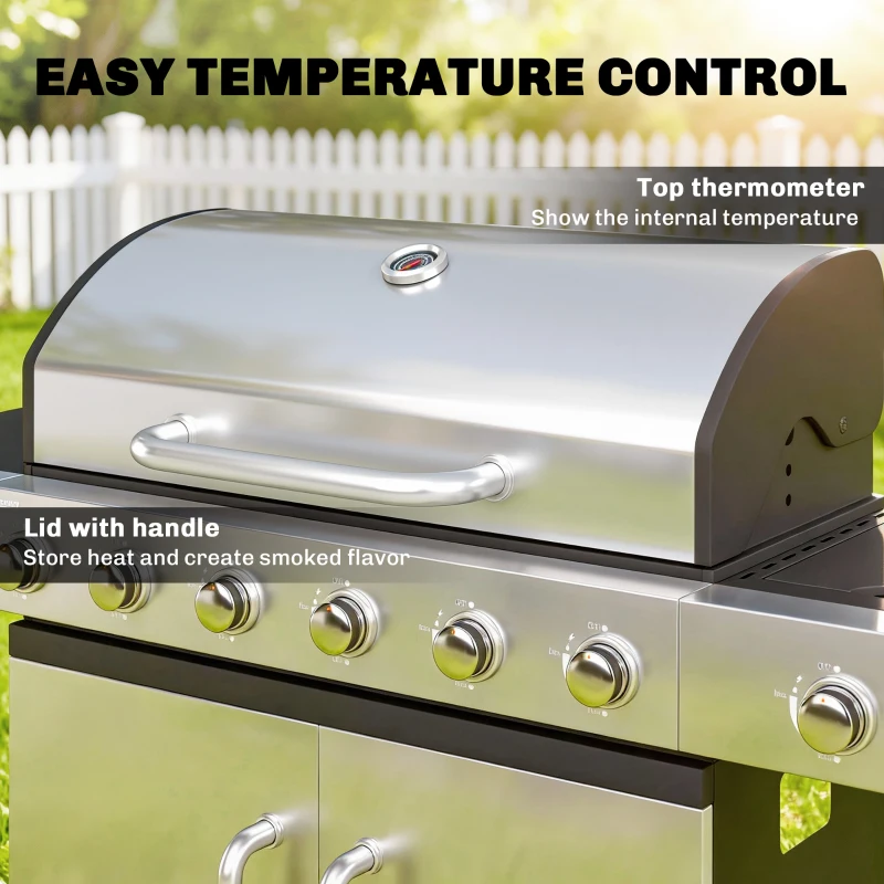 Outsunny 6 Burner Propane Gas Grill with Side Burner, Barbecue Grill with Cast Iron Grates, Wheels, Side Tables, Cabinet